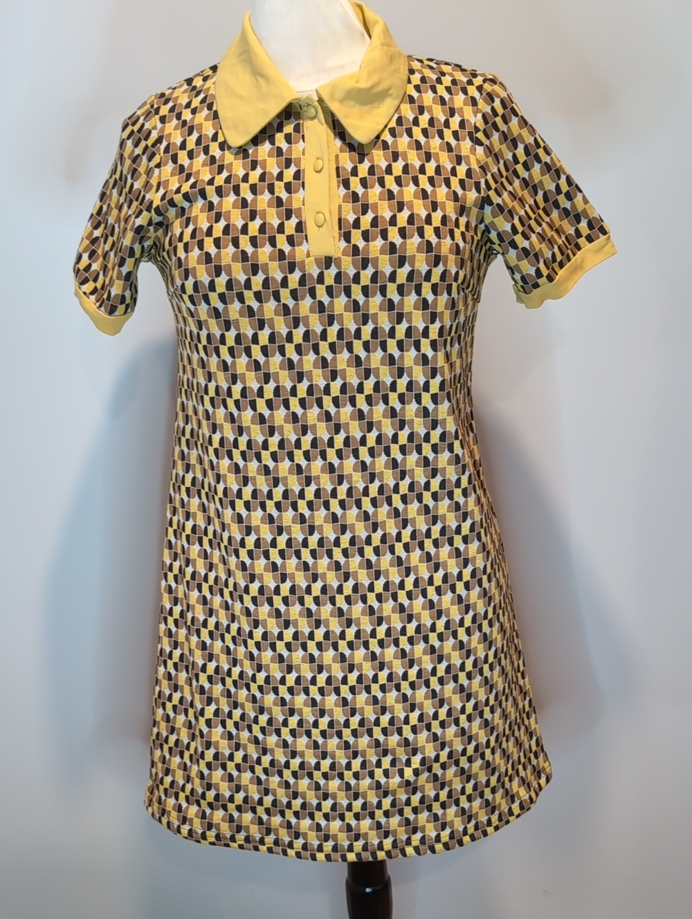 Cider Retro Mod Geometric Polo Dress in Yellow and Brown Small